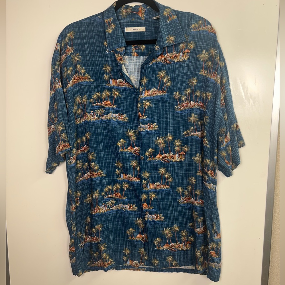 Moda Campia XL Rayon Hawaiian Shirt Blue Tiki Surf